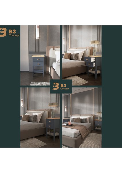B3CONCEPT Retro Serisi Özel Tasarım Yatak Yanı - Kolay Kurulum - Çift Çekmeceli Komodin Antrasit Gri - Meşe fiyatları