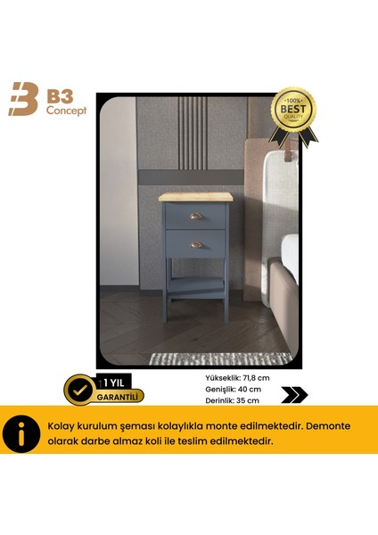 B3CONCEPT Retro Serisi Özel Tasarım Yatak Yanı - Kolay Kurulum - Çift Çekmeceli Komodin Antrasit Gri - Meşe indirimleri