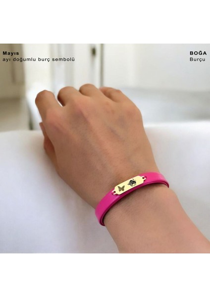 Altın Plakalı 14 Ayar Boğa Burçlarına Özel Pembe Derili Kelebek Figürlü Hediye BILEKLIK-651BURÇ