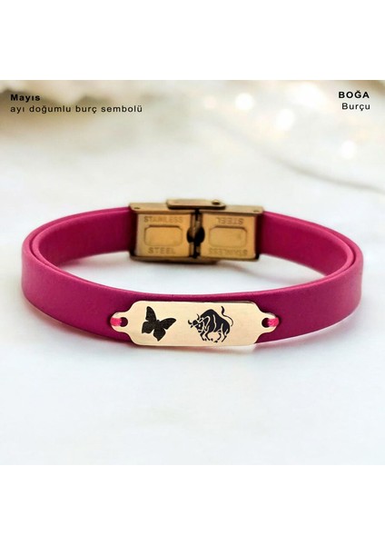 Altın Plakalı 14 Ayar Boğa Burçlarına Özel Pembe Derili Kelebek Figürlü Hediye BILEKLIK-651BURÇ fiyatları