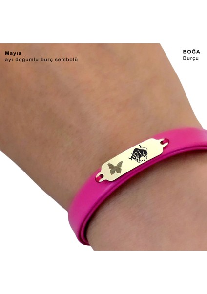 Altın Plakalı 14 Ayar Boğa Burçlarına Özel Pembe Derili Kelebek Figürlü Hediye BILEKLIK-651BURÇ fırsatları