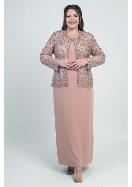 Kadın Pul Işlemeli Boncuk Detaylı Tül Ceket Yarım Ay Kollu Uzun Elbise Astarlı Krep Büyük Beden 2'li Takım fiyatları