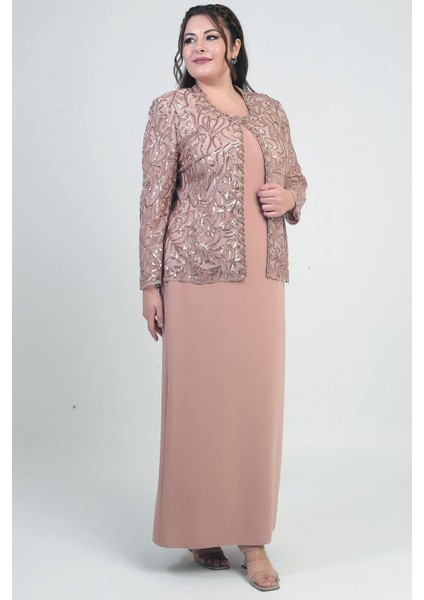 Kadın Pul Işlemeli Boncuk Detaylı Tül Ceket Yarım Ay Kollu Uzun Elbise Astarlı Krep Büyük Beden 2'li Takım modelleri