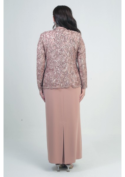 Kadın Pul Işlemeli Boncuk Detaylı Tül Ceket Yarım Ay Kollu Uzun Elbise Astarlı Krep Büyük Beden 2'li Takım fırsatları