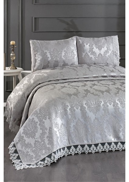 Jakarlı Şönil Yatak Örtüsü Gri