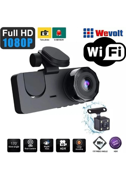 MB-450 2 Inç 3 Kameralı 1080P Yol Kayıt Araç Kamerası(Türkçemenü Gerigörüş Hareketsensörü) Wifi