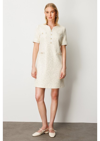Kadın Boncuk Işlemeli Tüvit Elbise 4003 Ekru