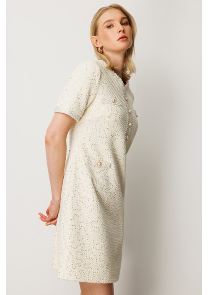 Kadın Boncuk Işlemeli Tüvit Elbise 4003 Ekru fiyatları