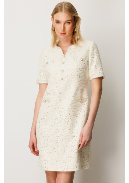 Kadın Boncuk Işlemeli Tüvit Elbise 4003 Ekru modelleri