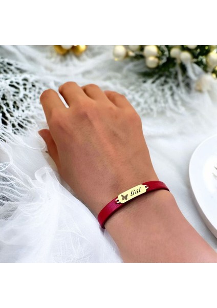 Altın Plakalı 14 Ayar Gül Ismine Özel Kırmızı Derili Kelebek Motifli Hediye BILEKLIK-652ISIM