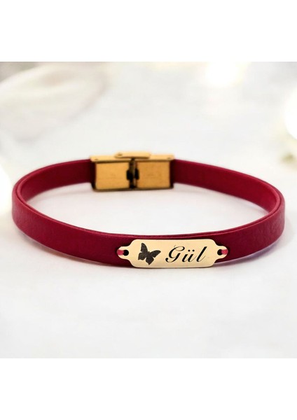 Altın Plakalı 14 Ayar Gül Ismine Özel Kırmızı Derili Kelebek Motifli Hediye BILEKLIK-652ISIM fiyatları