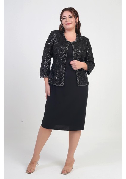 Kadın Pul Işlemeli Boncuk Detaylı Tül Ceket Yarım Ay Kollu Kısa Elbise Astarlı Krep Büyük Beden 2'li Takım