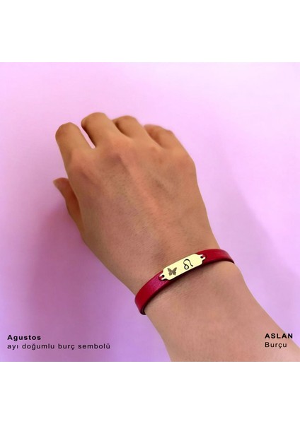 14 Ayar Plakalı Altın Ağustos Ayı Doğumlarına Kırmızı Derili Kelebek Motifli Hediye BILEKLIK-652AY