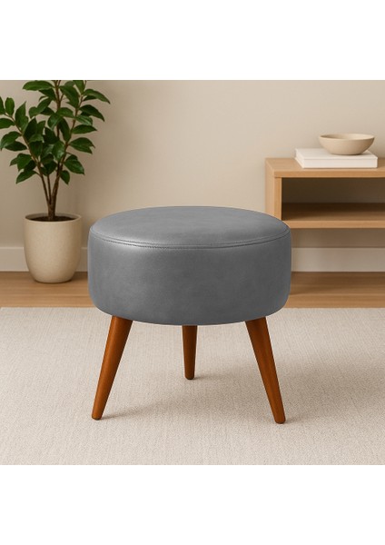 40X42 Yuvarlak Puf - Deri Kumaş - Ahşap Ayak - Gri