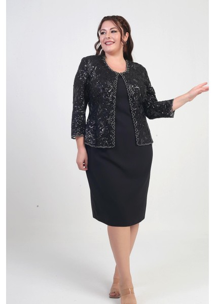 Kadın Pul Işlemeli Boncuk Detaylı Tül Ceket Yarım Ay Kollu Kısa Elbise Astarlı Krep Büyük Beden 2'li Takım fiyatları