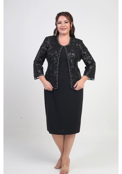 Kadın Pul Işlemeli Boncuk Detaylı Tül Ceket Yarım Ay Kollu Kısa Elbise Astarlı Krep Büyük Beden 2'li Takım modelleri