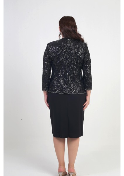 Kadın Pul Işlemeli Boncuk Detaylı Tül Ceket Yarım Ay Kollu Kısa Elbise Astarlı Krep Büyük Beden 2'li Takım fırsatları