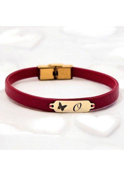 Altın Plakalı 14 Ayar O Harfine Özel Kırmızı Derili Kelebek Motifli Hediye BILEKLIK-652HARF fiyatları