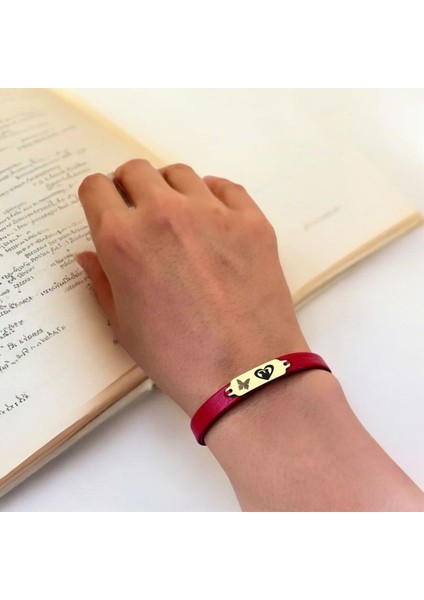 14 Ayar Plakalı Altın Anne Sevgisi Temalı Kelebek Motifli Kırmızı Derili Hediye BILEKLIK-652SEMBOL