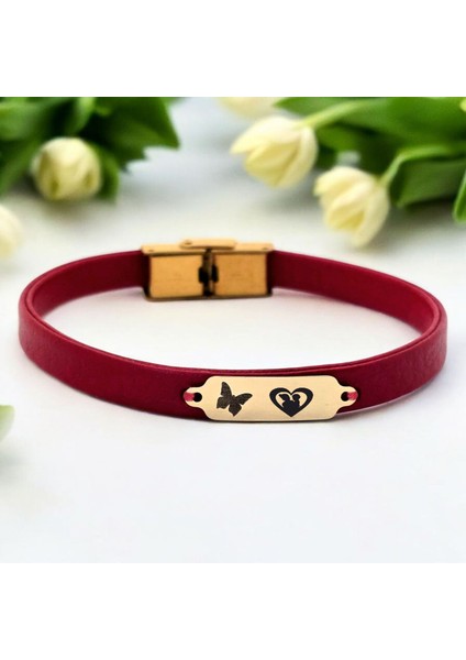 14 Ayar Plakalı Altın Anne Sevgisi Temalı Kelebek Motifli Kırmızı Derili Hediye BILEKLIK-652SEMBOL fiyatları