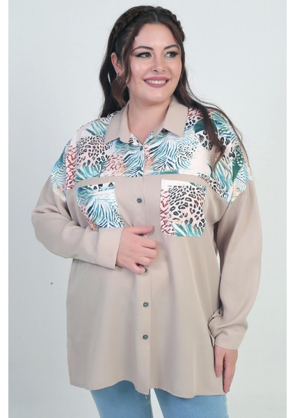 Kadın Düşük Kollu Çift Cepli Desenli Büyük Beden Gömlek fiyatları