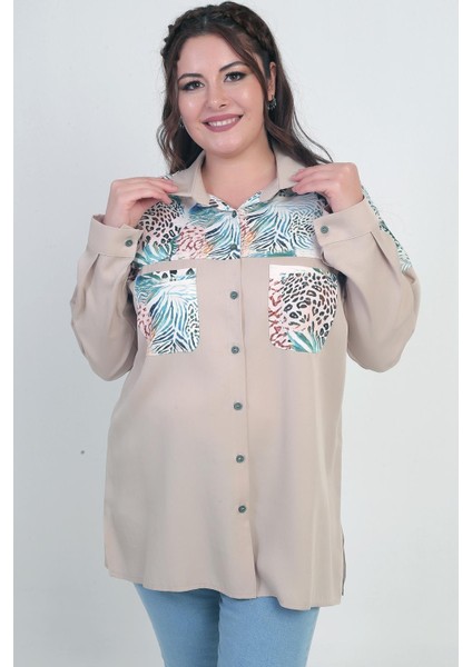 Kadın Düşük Kollu Çift Cepli Desenli Büyük Beden Gömlek modelleri