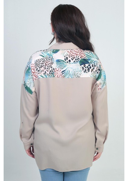 Kadın Düşük Kollu Çift Cepli Desenli Büyük Beden Gömlek fırsatları