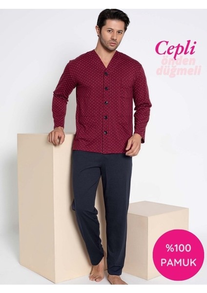 Erkek V Yaka Öden Düğmeli Göğüs Cepli %100 Pamuk Uzun Kol Cepli Pijama Takımı-Dede Hastane Pijaması