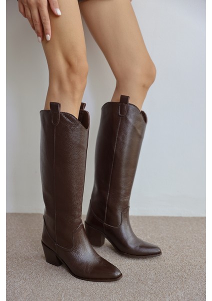 Amaya Gerçek Deri Kadın Çizme- Kahverengi