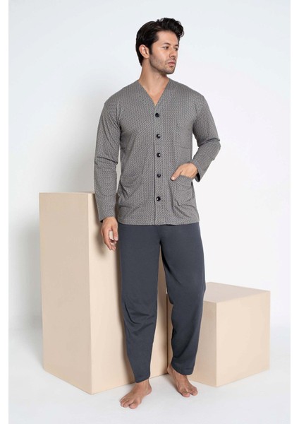 Erkek V Yaka Öden Düğmeli Göğüs Cepli %100 Pamuk Uzun Kol Cepli Pijama Takımı-Dede Hastane Pijaması fırsatları