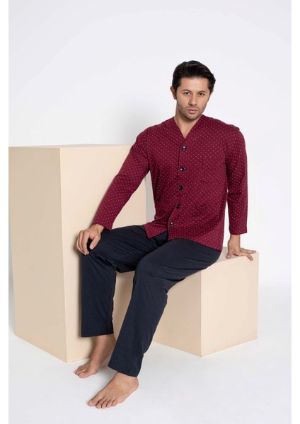 Erkek V Yaka Öden Düğmeli Göğüs Cepli %100 Pamuk Uzun Kol Cepli Pijama Takımı-Dede Hastane Pijaması modelleri