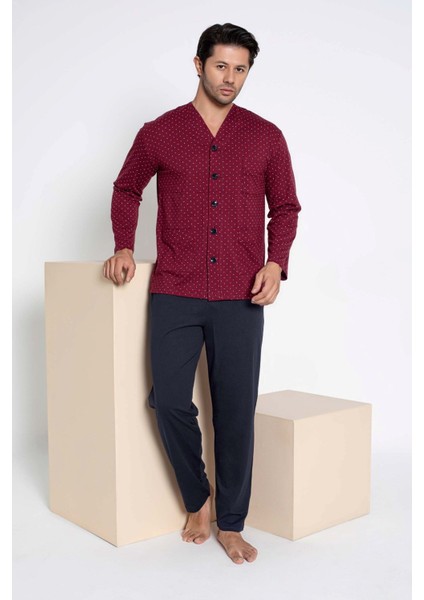 Erkek V Yaka Öden Düğmeli Göğüs Cepli %100 Pamuk Uzun Kol Cepli Pijama Takımı-Dede Hastane Pijaması fırsatları