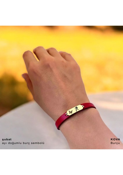 14 Ayar Altın Plakalı Kova Burçlarına Özel Kırmızı Derili Kelebek Motifli Hediye BILEKLIK-652BURÇ