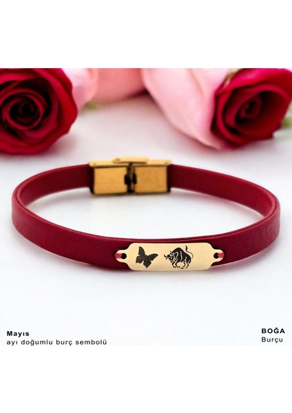 14 Ayar Altın Plakalı Boğa Burçlarına Özel Kırmızı Derili Kelebek Motifli Hediye BILEKLIK-652BURÇ fiyatları