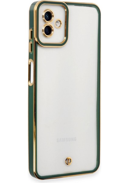 Samsung Galaxy A04 Elegant Liva Lens Kapak – (Şeffaf Gövde, Altın Çerçeveli Kamera Koruma) - Yeşil