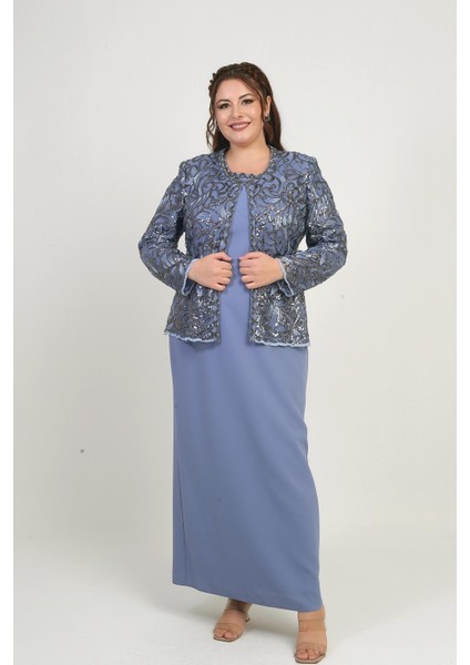 Kadın Pul Işlemeli Boncuk Detaylı Tül Ceket Yarım Ay Kollu Uzun Elbise Astarlı Krep Büyük Beden 2'li Takım fiyatları