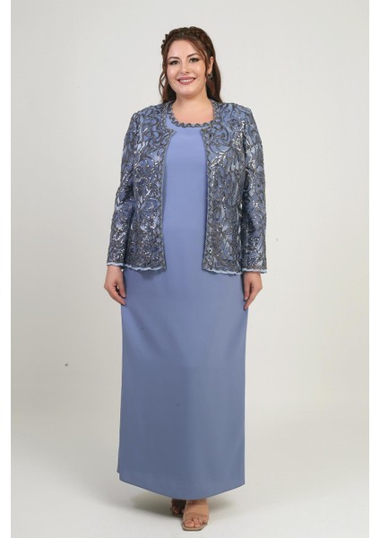 Kadın Pul Işlemeli Boncuk Detaylı Tül Ceket Yarım Ay Kollu Uzun Elbise Astarlı Krep Büyük Beden 2'li Takım modelleri