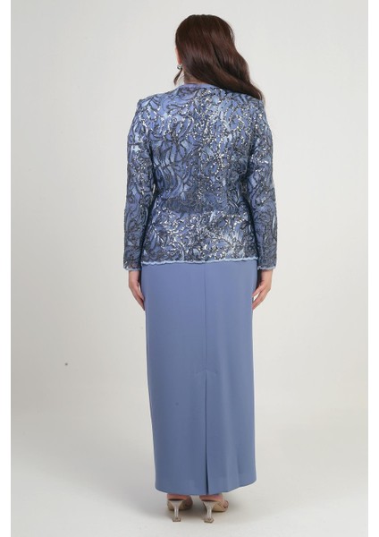 Kadın Pul Işlemeli Boncuk Detaylı Tül Ceket Yarım Ay Kollu Uzun Elbise Astarlı Krep Büyük Beden 2'li Takım fırsatları