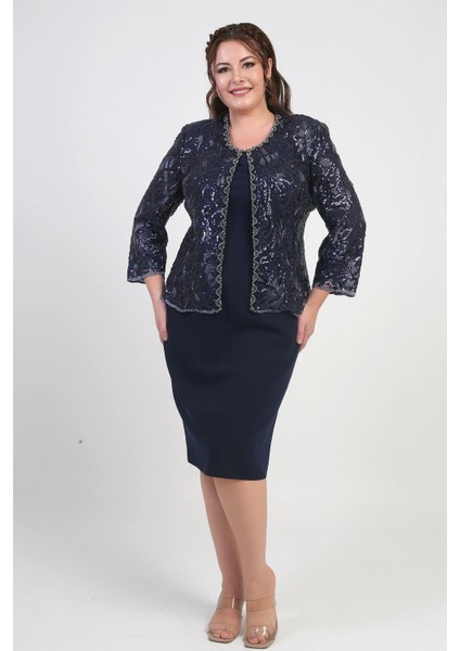 Kadın Pul Işlemeli Boncuk Detaylı Tül Ceket Yarım Ay Kollu Kısa Elbise Astarlı Krep Büyük Beden 2'li Takım