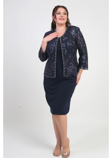 Kadın Pul Işlemeli Boncuk Detaylı Tül Ceket Yarım Ay Kollu Kısa Elbise Astarlı Krep Büyük Beden 2'li Takım fiyatları