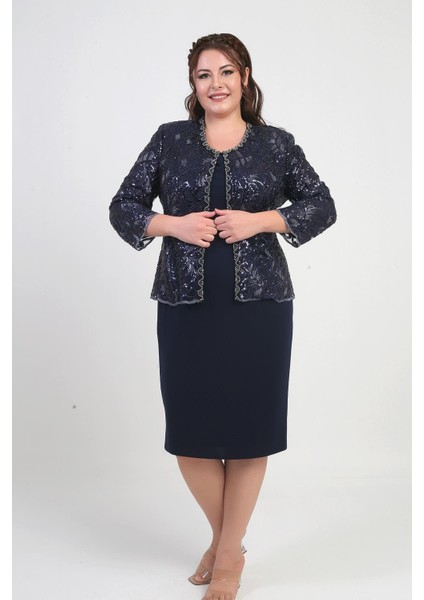 Kadın Pul Işlemeli Boncuk Detaylı Tül Ceket Yarım Ay Kollu Kısa Elbise Astarlı Krep Büyük Beden 2'li Takım modelleri