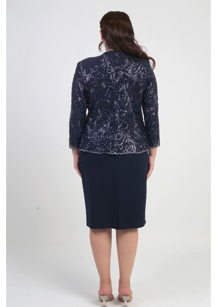 Kadın Pul Işlemeli Boncuk Detaylı Tül Ceket Yarım Ay Kollu Kısa Elbise Astarlı Krep Büyük Beden 2'li Takım fırsatları