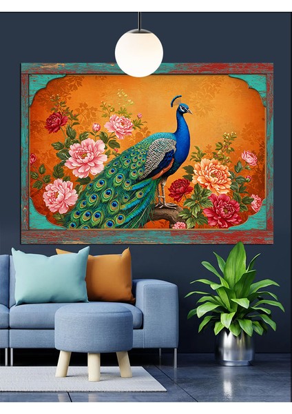 Çiçekler Içinde Mavi Tavuskuşu Dekoratif Kanvas - Mdf Ahşap Tablo