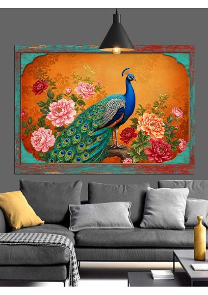 Çiçekler Içinde Mavi Tavuskuşu Dekoratif Kanvas - Mdf Ahşap Tablo modelleri