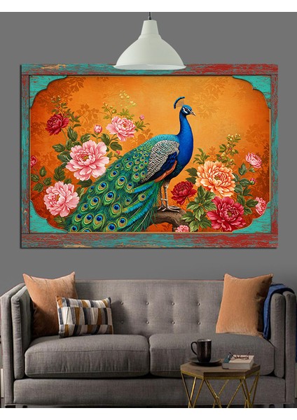 Çiçekler Içinde Mavi Tavuskuşu Dekoratif Kanvas - Mdf Ahşap Tablo fırsatları