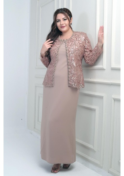 Kadın Pul Işlemeli Boncuk Detaylı Tül Ceket Yarım Ay Kollu Uzun Elbise Astarlı Krep Büyük Beden 2'li Takım