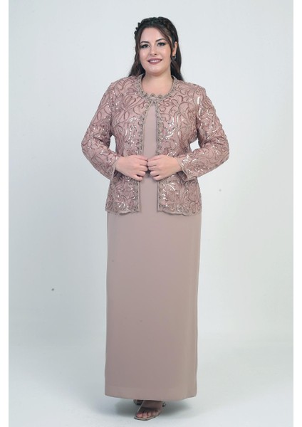 Kadın Pul Işlemeli Boncuk Detaylı Tül Ceket Yarım Ay Kollu Uzun Elbise Astarlı Krep Büyük Beden 2'li Takım fiyatları
