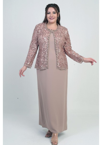 Kadın Pul Işlemeli Boncuk Detaylı Tül Ceket Yarım Ay Kollu Uzun Elbise Astarlı Krep Büyük Beden 2'li Takım modelleri