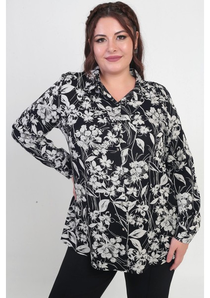 Kadın Kol Katlamalı Çiçekli Büyük Beden Gömlek