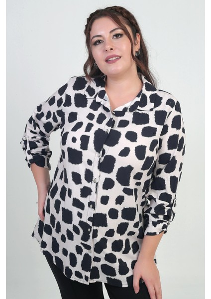 Kadın Kol Katlamalı Desenli Büyük Beden Gömlek